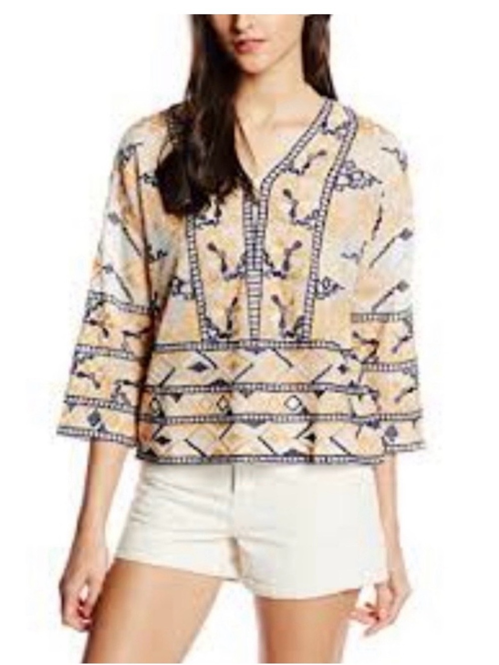 Antik Batik White, Peach & Navy Embroidered V-Neck Tunic
